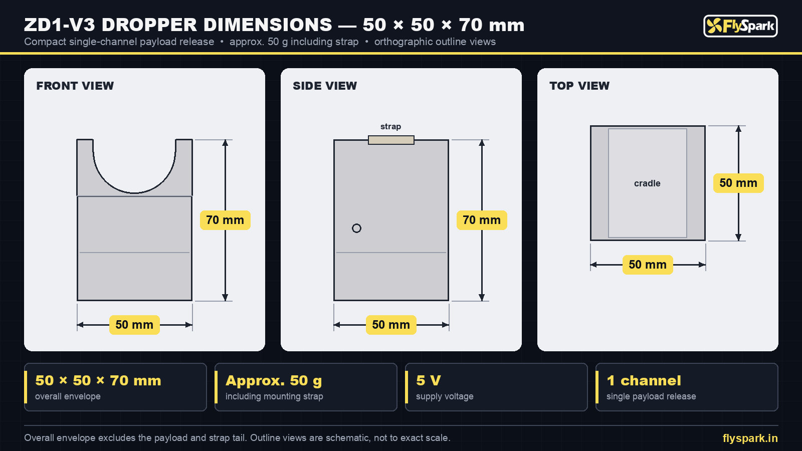 FlySpark ZD1-V3 drone payload dropper dimensions drawing – 50 × 50 × 70 mm overall, approx. 50 g including strap