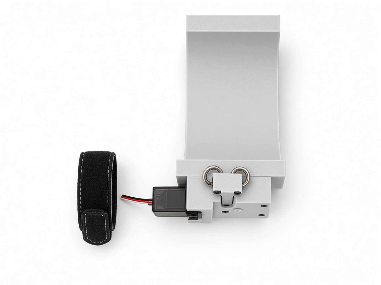 FlySpark ZD1PLUS single-channel dropper top view showing the curved cradle, servo latch, D-rings and strap