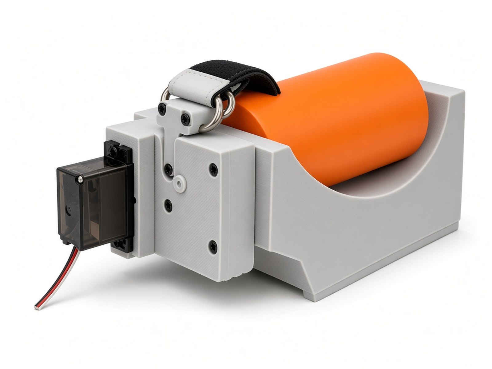 FlySpark ZD1PLUS curved-cradle dropper holding a plain orange Ø60 mm-class inert training cylinder under its hook-and-loop strap