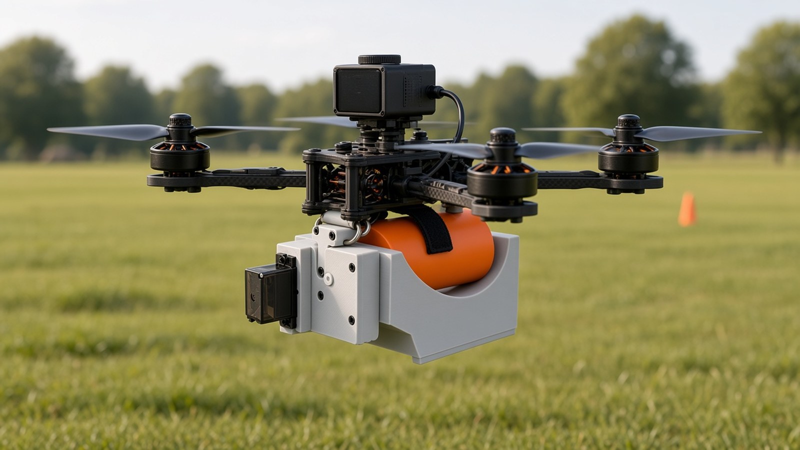FlySpark ZD1PLUS drone payload dropper fitted under an FPV-class quadcopter with an orange inert training cylinder over a training field