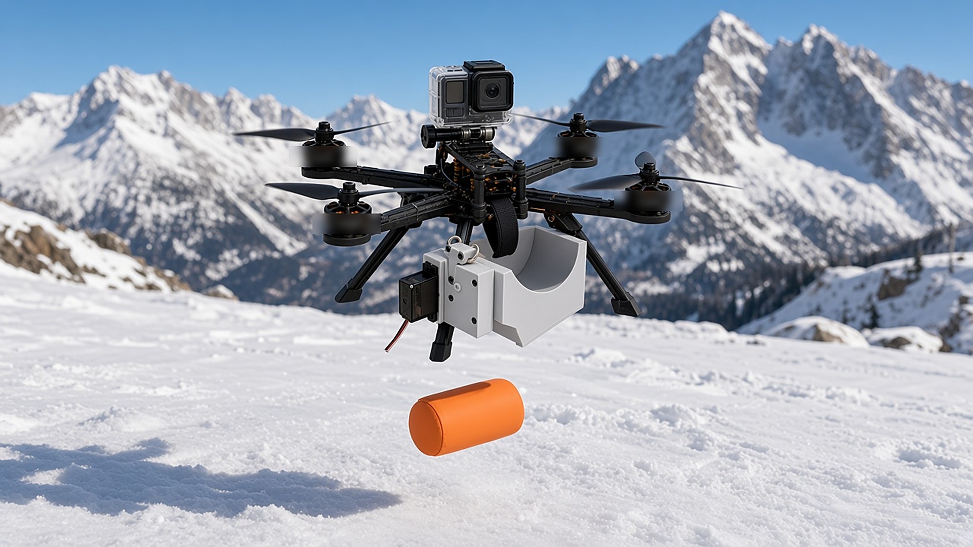 FlySpark ZD1PLUS single-channel dropper releasing an orange rescue pouch from an FPV-class drone over snow during a mountain rescue drill