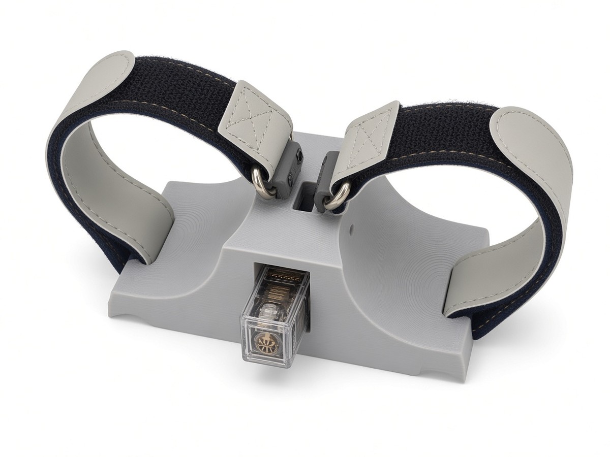 FlySpark ZD2-V3 dual-channel drone payload dropper, empty, showing two curved cradles, retention straps and central servo