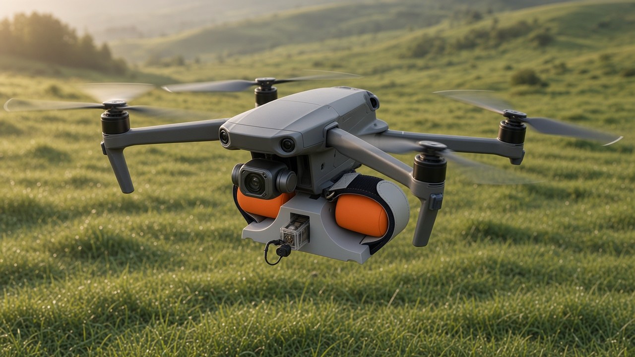 FlySpark ZD2-LED-V3 dropper strapped under a DJI Mavic-style camera drone carrying two orange rescue pouches over hills