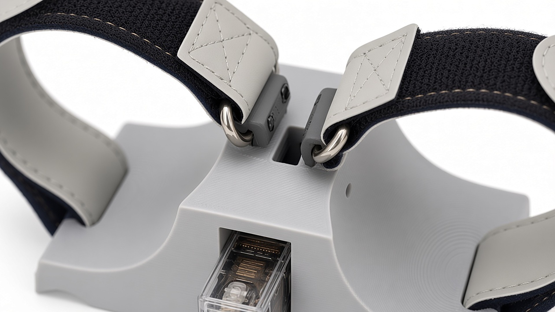 FlySpark ZD2-V3 dual-channel drone dropper close-up of the central release slot, strap latch blocks, D-rings and micro servo