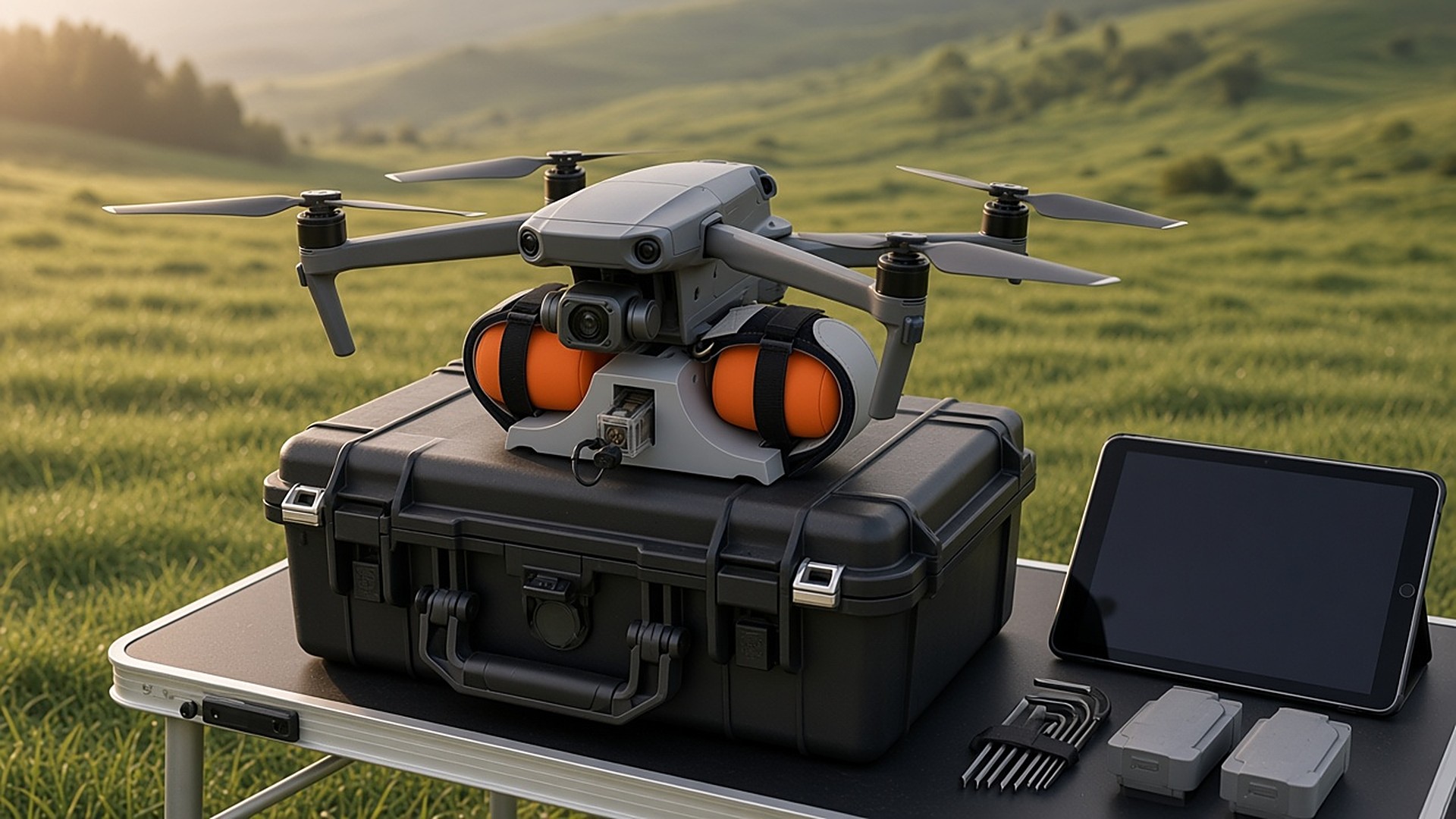 FlySpark ZD2-LED-V3 dropper fitted under a DJI Mavic/Air-class camera drone with two orange rescue pouches during pre-flight checks on a rugged field case
