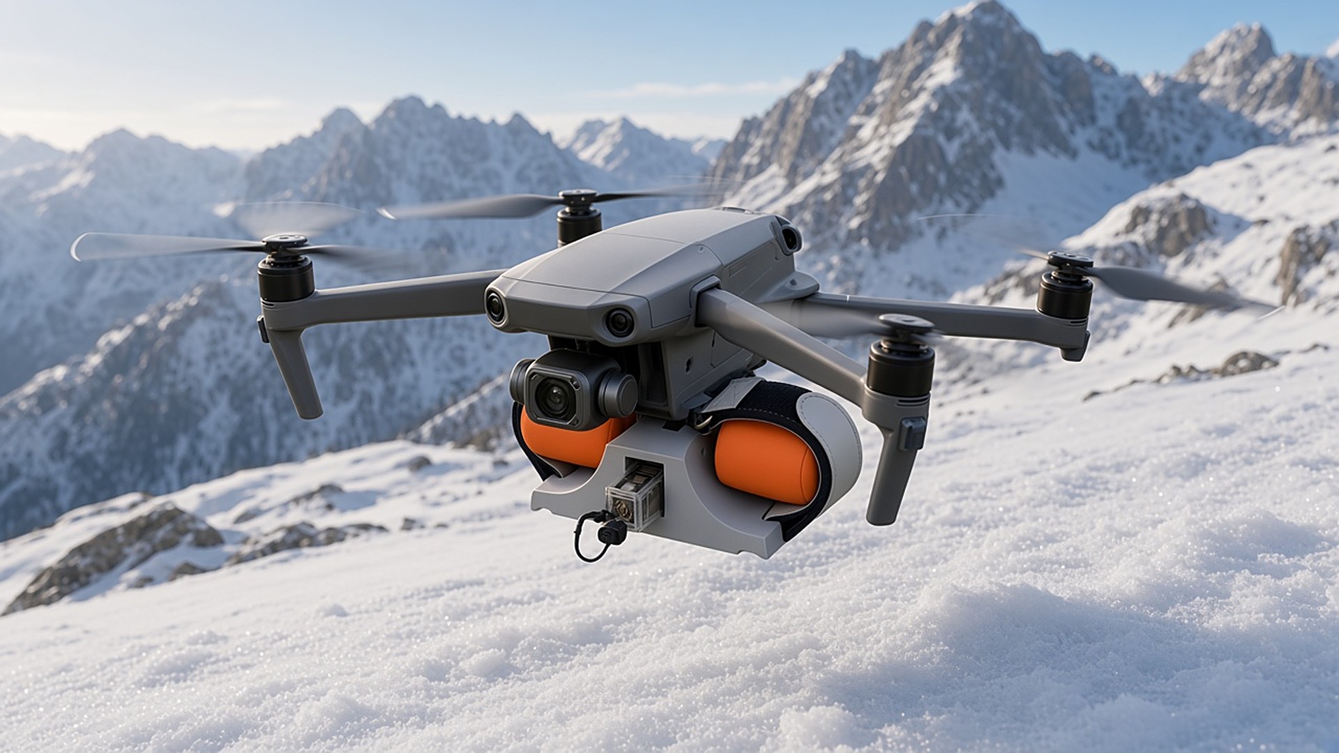 FlySpark ZD2-LED-V3 dual-channel dropper under a Mavic/Air-class camera drone carrying two orange rescue pouches over a snowy mountain slope for alpine rescue