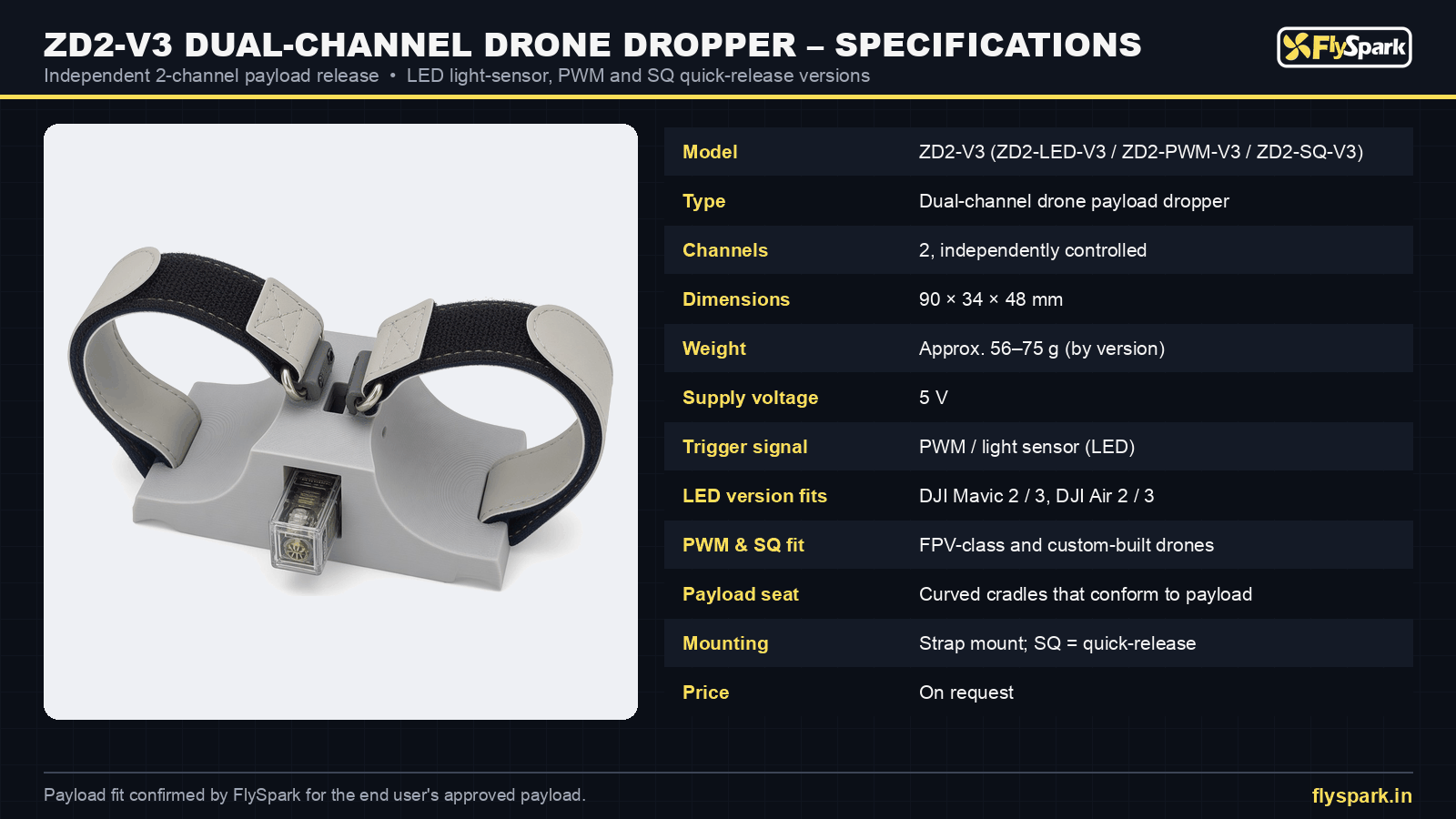 FlySpark ZD2-V3 dual-channel drone payload dropper specification sheet – 90 × 34 × 48 mm, 5 V, PWM / light-sensor trigger, approx. 56–75 g