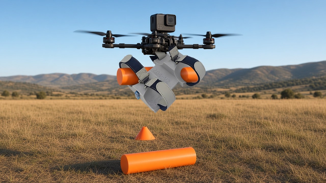 FlySpark ZD4 4-channel dropper under an FPV-class quadcopter releasing an orange inert training cylinder on a field training ground