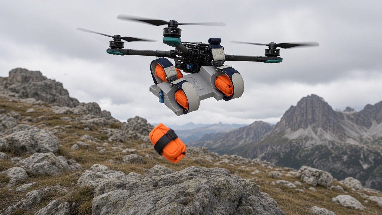 FlySpark ZD4 drone payload dropper releasing an orange rescue pouch over a rocky mountain hillside