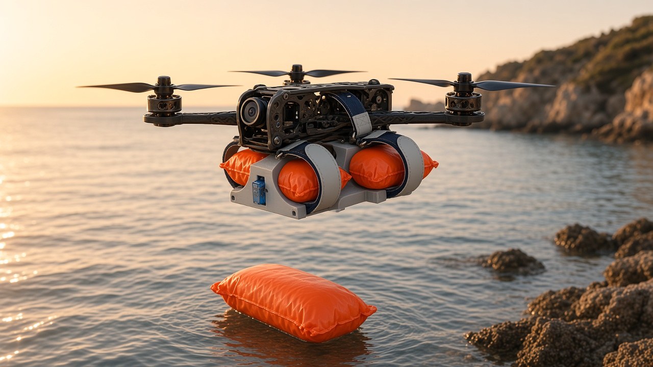 FlySpark ZD4 4-channel dropper carrying orange flotation-aid pouches over the sea during a maritime rescue drop