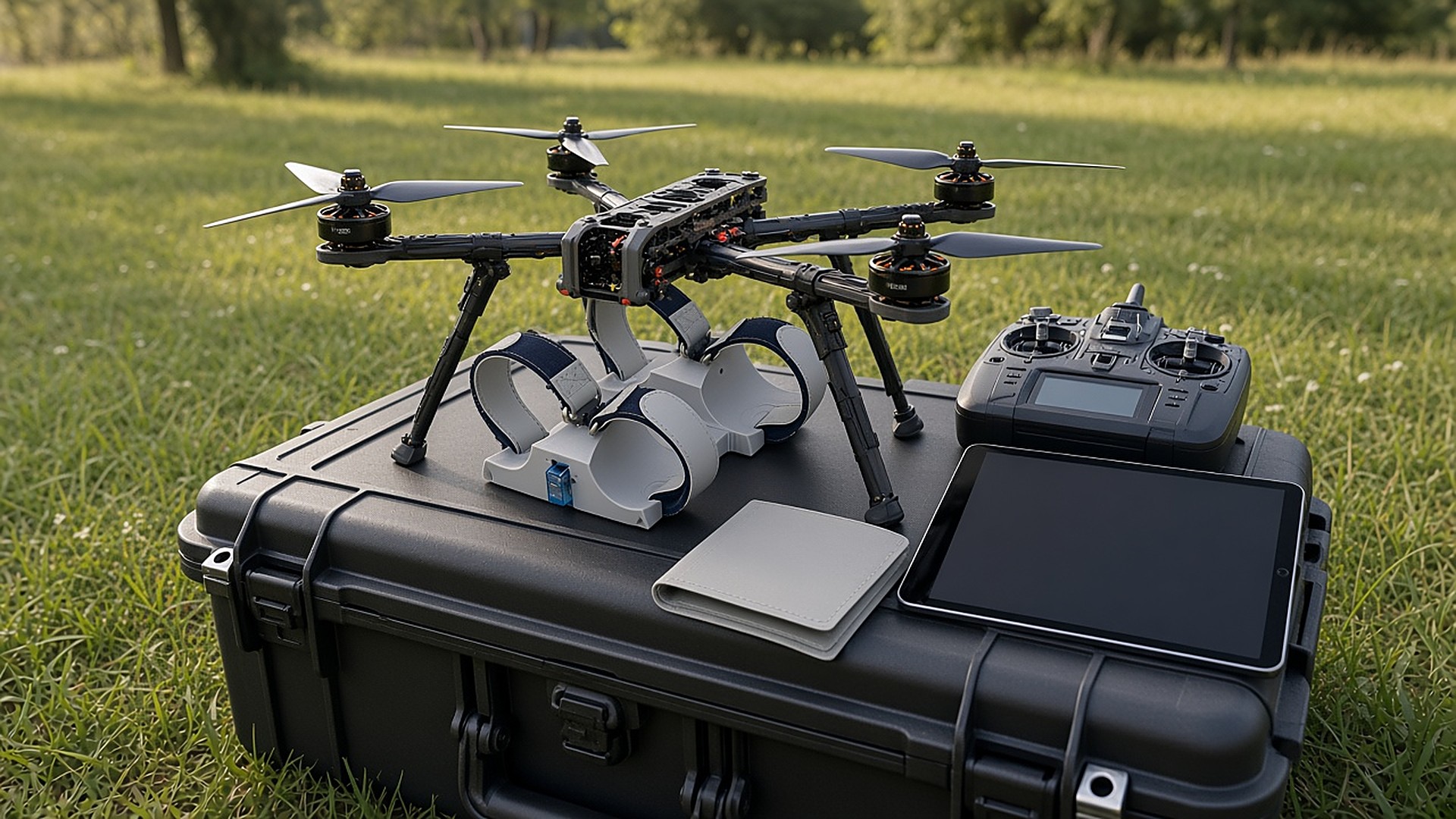 FlySpark ZD4 4-channel payload dropper mounted under an FPV-class quadcopter on a rugged field case with radio and tablet during pre-flight checks
