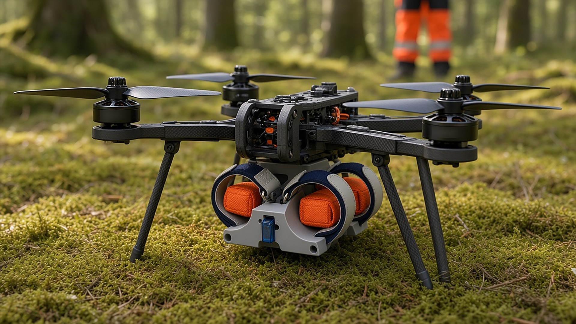 FlySpark ZD4 drone payload dropper loaded with four orange rescue pouches under an FPV-class quadcopter in a forest clearing before a search-and-rescue sortie