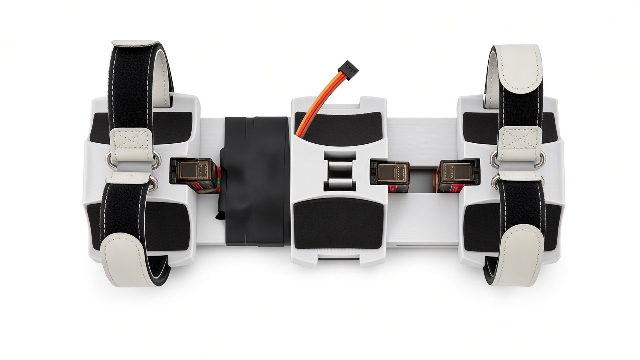 FlySpark ZD6 drone payload dropper top view showing three cradle modules, hook-and-loop pads, straps and servos