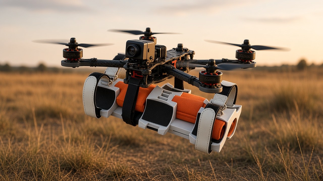 FlySpark ZD6 6-channel drone payload dropper strapped under a 10-inch FPV-class quadcopter over a training ground