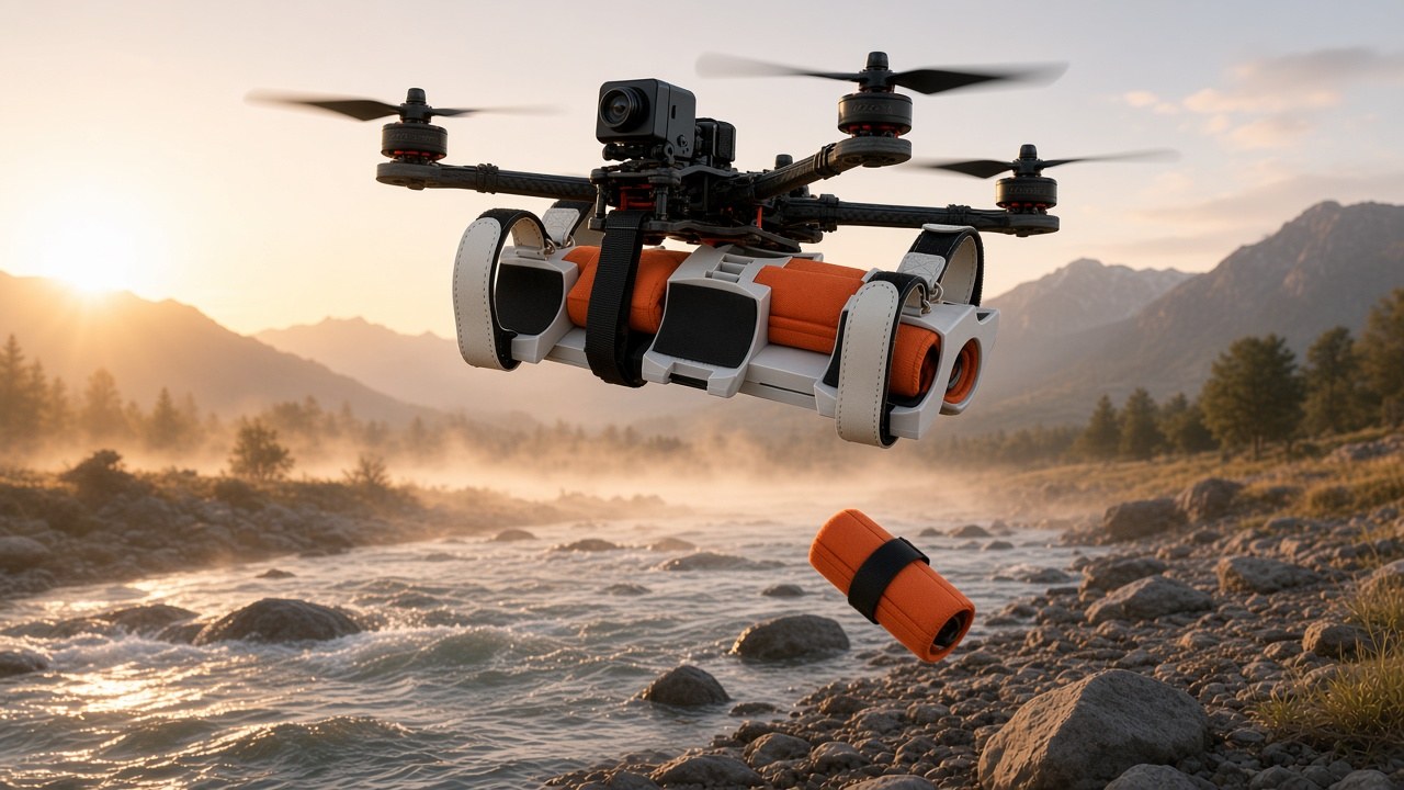 FlySpark ZD6 drone payload dropper releasing an orange rescue pouch over a mountain river in a search and rescue drop
