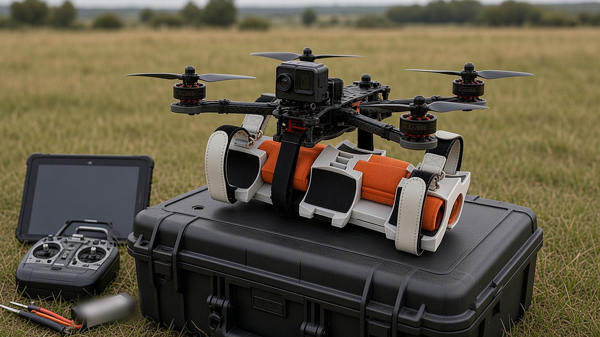 FlySpark ZD6 drone payload dropper fitted under a 10-inch FPV-class quadcopter on a rugged equipment case during pre-flight checks