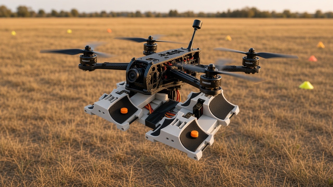 FlySpark ZD8 8-channel drone payload dropper mounted under a 10-inch FPV-class quadcopter over a training field