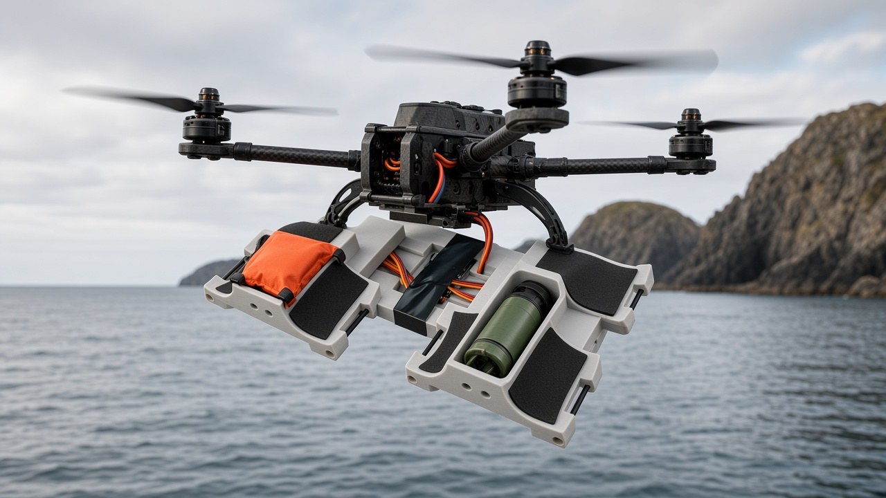FlySpark ZD8 8-channel drone dropper on an FPV-class quadcopter carrying an orange rescue pouch and smoke canister over the sea