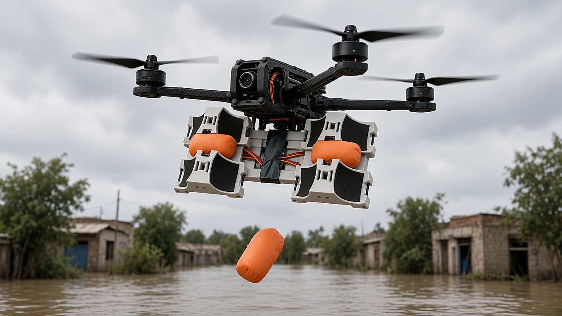FlySpark ZD8 multi-channel drone dropper releasing an orange flotation pouch from an FPV-class drone during flood relief