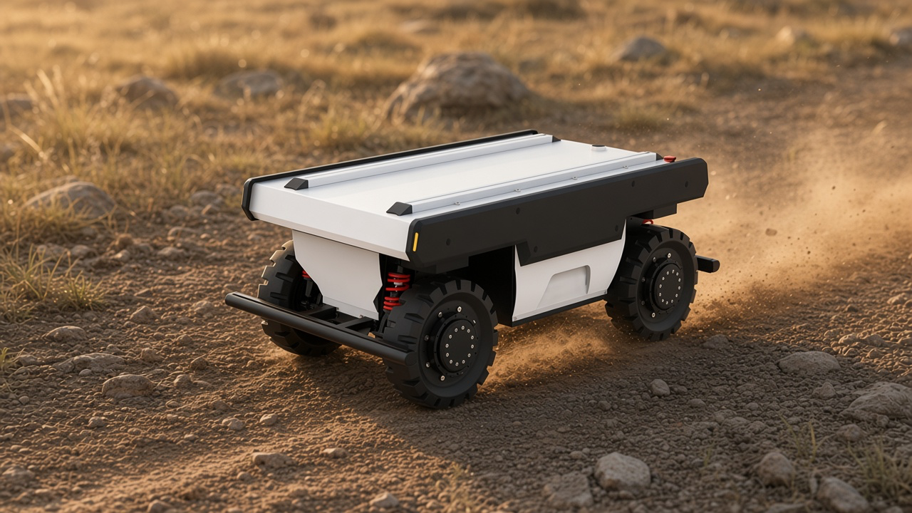 FlySpark OM600 omnidirectional UGV driving on a gravel test track with independent suspension