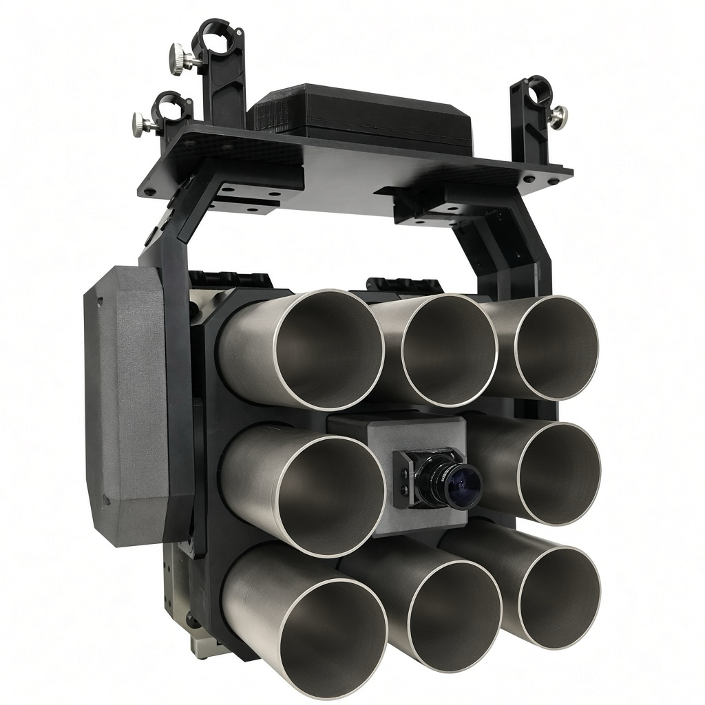 FlySpark 8-Tube Drone Tear Gas Launcher, front three-quarter view showing eight 38mm tubes, centre camera and quick-release leg-tube clamps