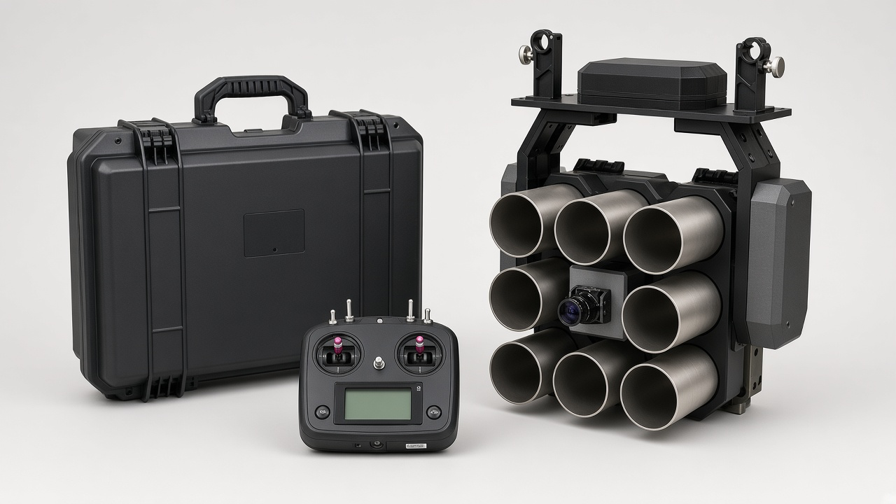 FlySpark 8-Tube launcher standard supply: launcher module, 6-channel remote control and protective carry case