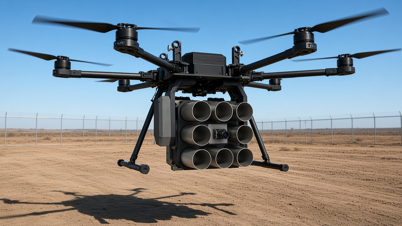 FlySpark 8-Tube launcher mounted under a heavy-lift hexacopter hovering over an empty training ground