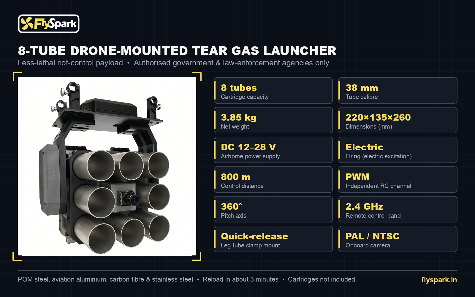 FlySpark 8-Tube UAV tear gas launcher specification sheet: 8 × 38mm tubes, 3.85kg, DC 12–28V, electric firing, 800m control distance