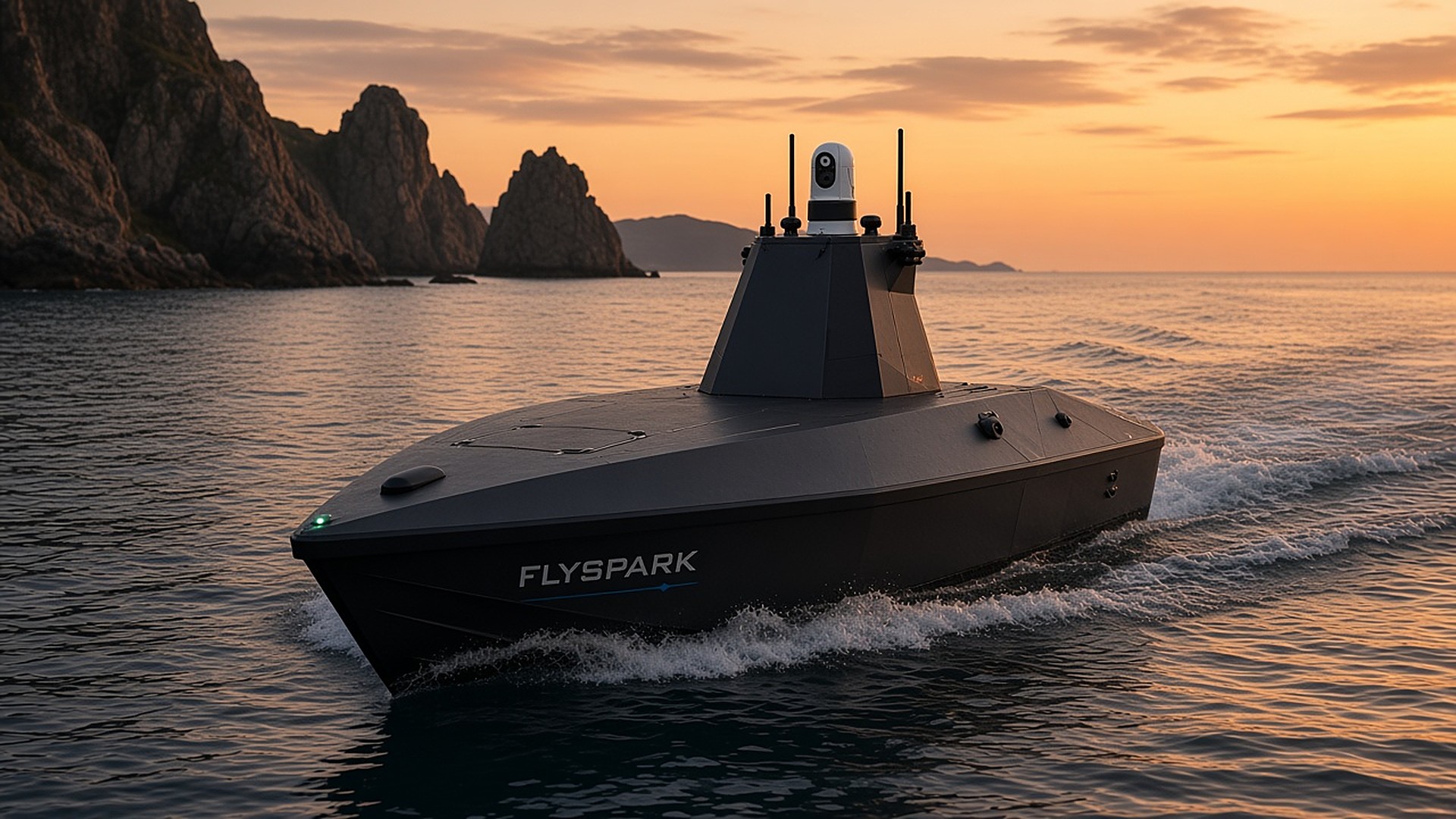 FlySpark SeaScout S8 on coastal surveillance patrol at dusk with EO/IR sensor mast