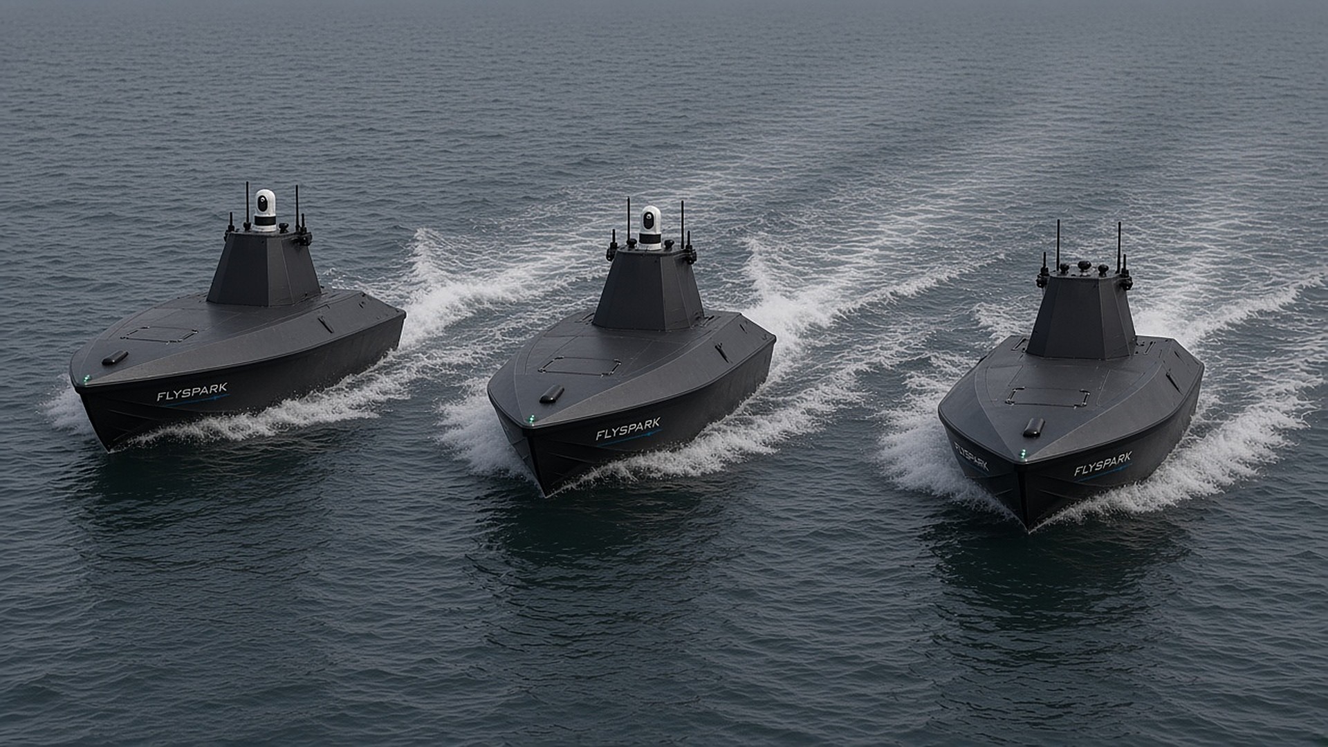 Three FlySpark SeaScout S8 USVs operating together as a distributed fleet