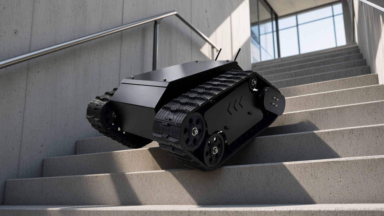 FlySpark TK1000 stair climbing robot chassis climbing a concrete staircase in a building stairwell