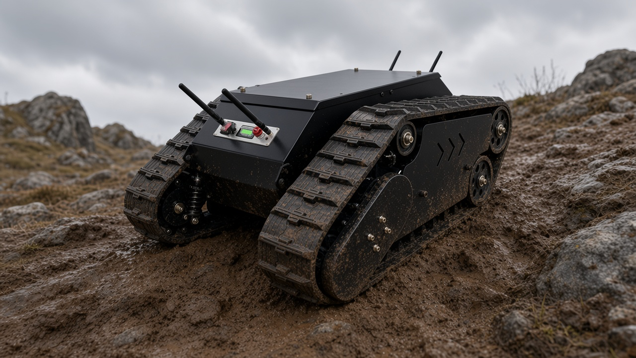 FlySpark TK1000 all-terrain tracked UGV chassis driving over rocky, muddy hillside terrain