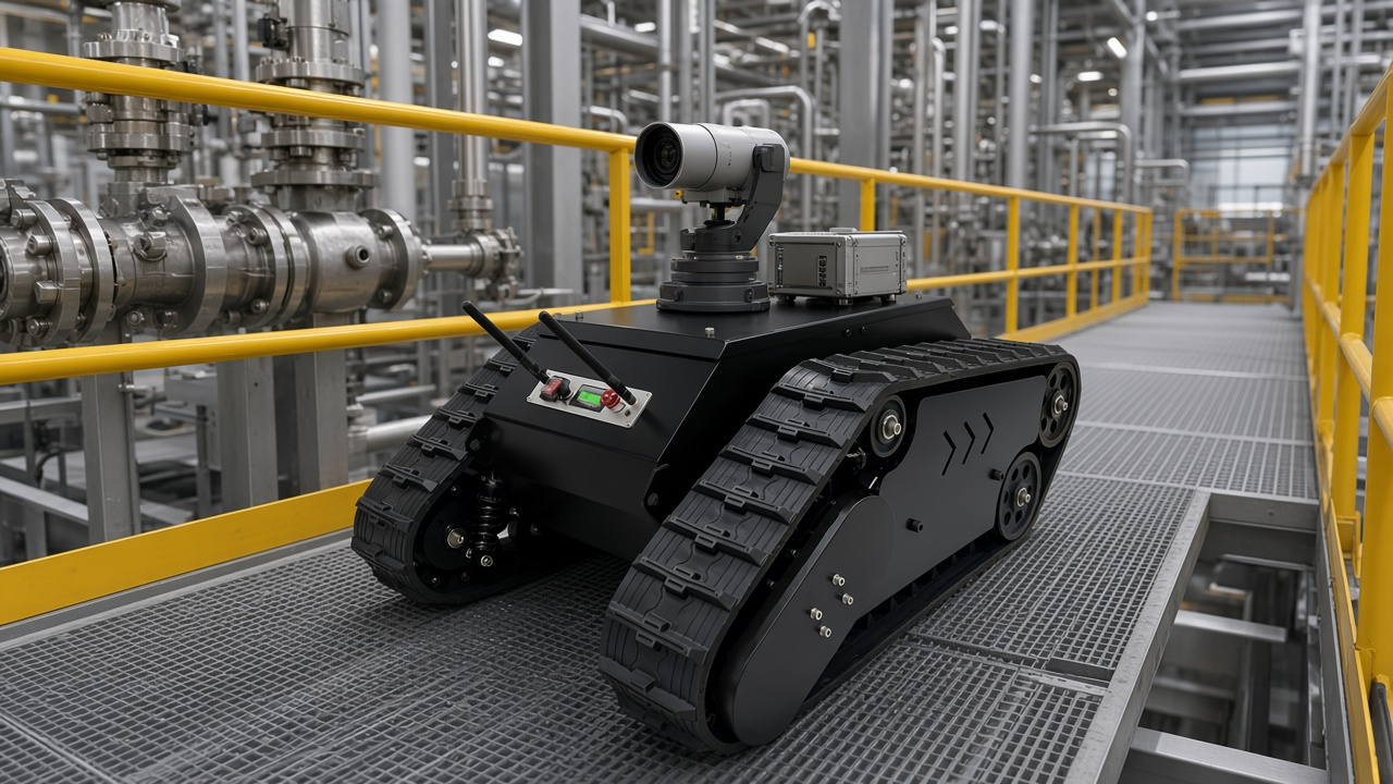 FlySpark TK1000 carrying a pan-tilt inspection camera on an industrial plant walkway