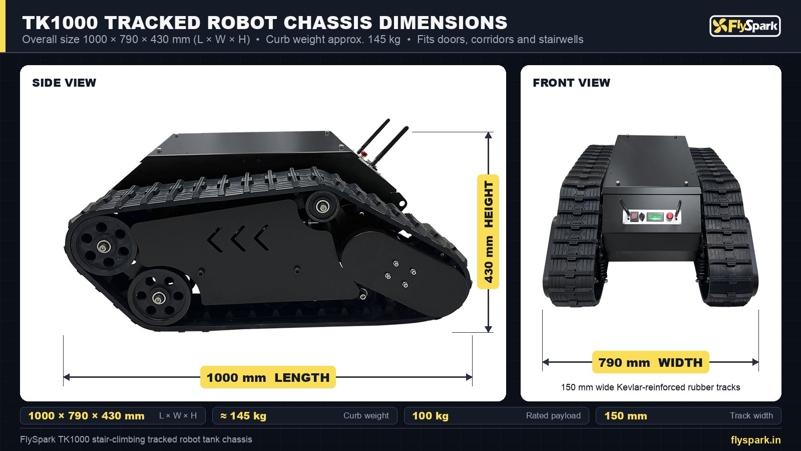 FlySpark TK1000 tracked robot chassis dimensions drawing – 1000 × 790 × 430mm, approx. 145kg curb weight
