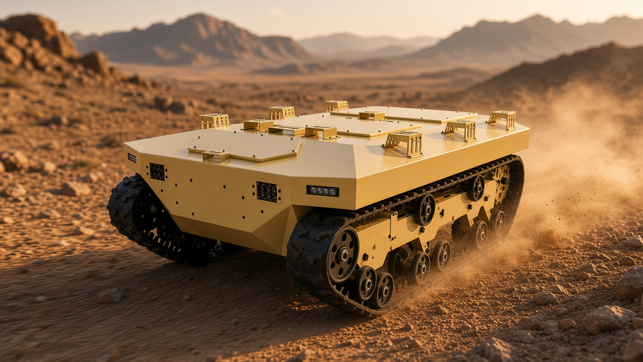 FlySpark TK2100 tracked UGV chassis crossing rocky desert terrain on its 180mm iron-core rubber tracks
