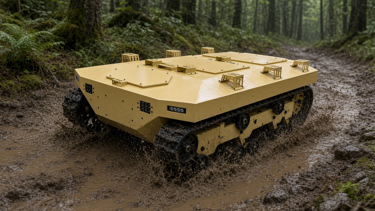 FlySpark TK2100 UGV fording a muddy forest stream with 500mm wading depth and independent suspension