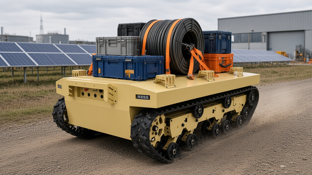FlySpark TK2100 tracked robot chassis carrying industrial crates and a cable reel at a solar farm