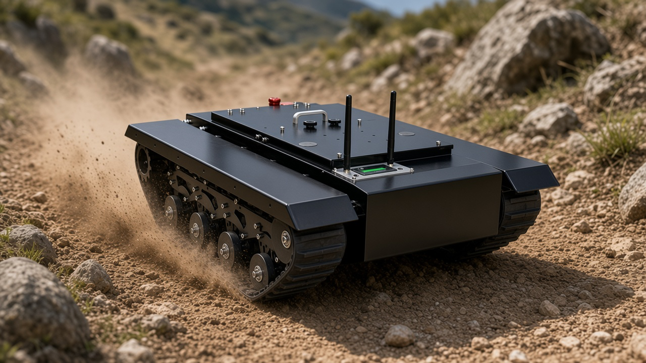 FlySpark TK650 lightweight tracked UGV chassis climbing a rocky dirt trail on its Kevlar-reinforced rubber tracks