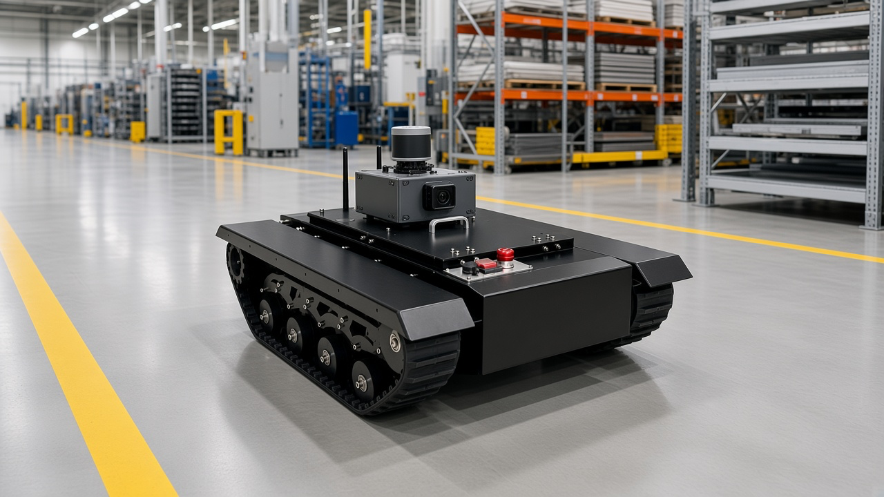 FlySpark TK650 tracked robot chassis carrying a lidar and camera sensor module along a factory aisle