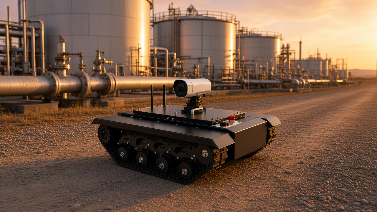 FlySpark TK650 UGV with a pan-tilt inspection camera patrolling an oil and gas facility at sunset