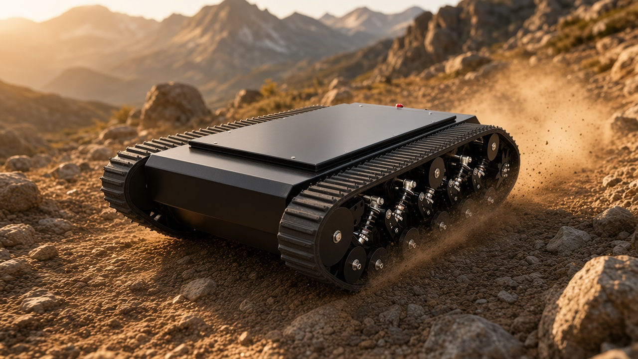 FlySpark TK990 tracked UGV chassis driving across a rocky mountain trail on its Kevlar-reinforced rubber tracks