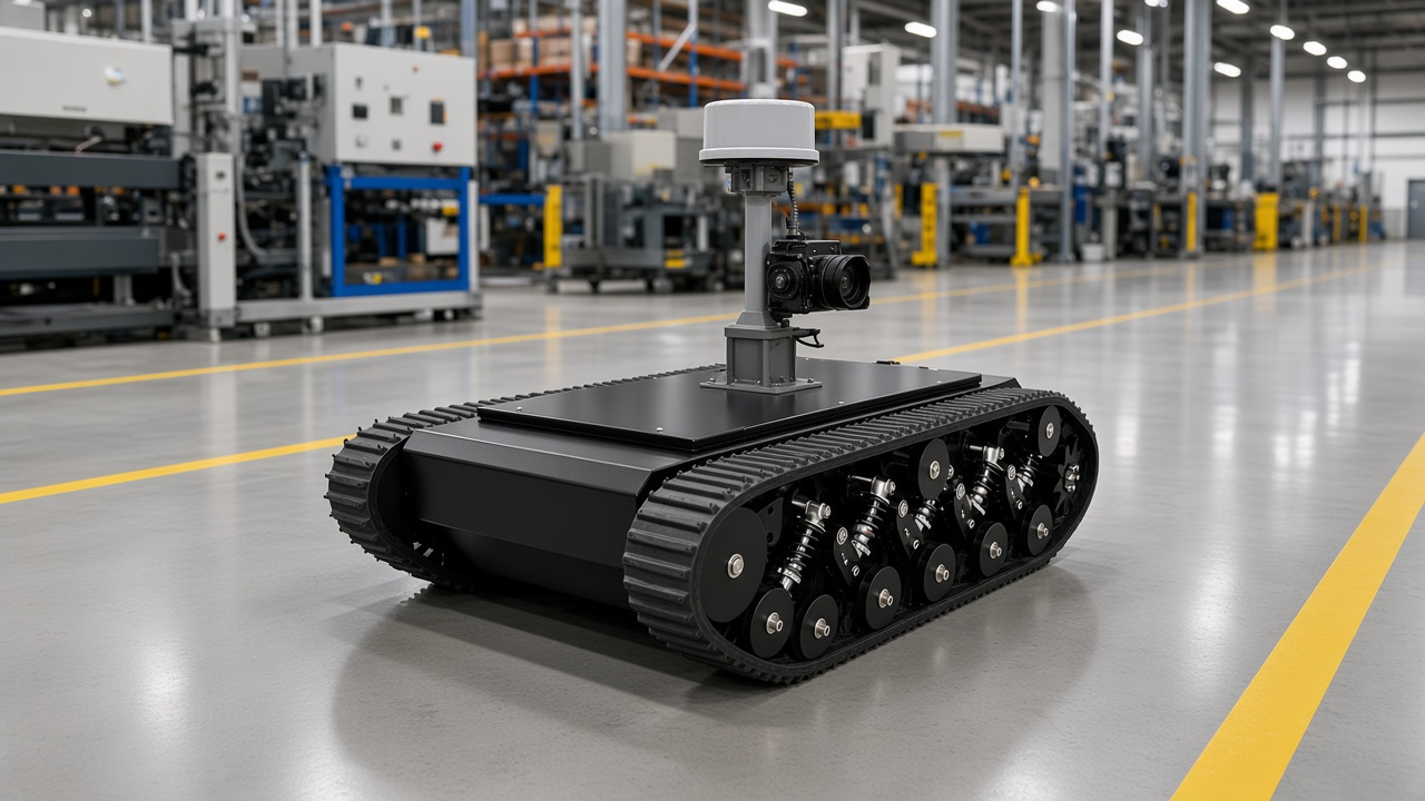 FlySpark TK990 tracked chassis with lidar and inspection camera mast patrolling a factory floor