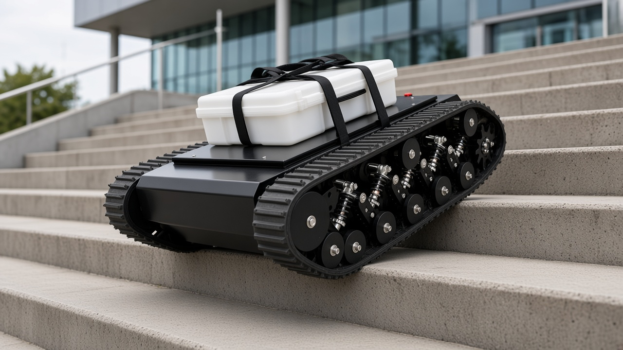 FlySpark TK990 tracked robot chassis climbing outdoor concrete stairs with an equipment case on its top deck
